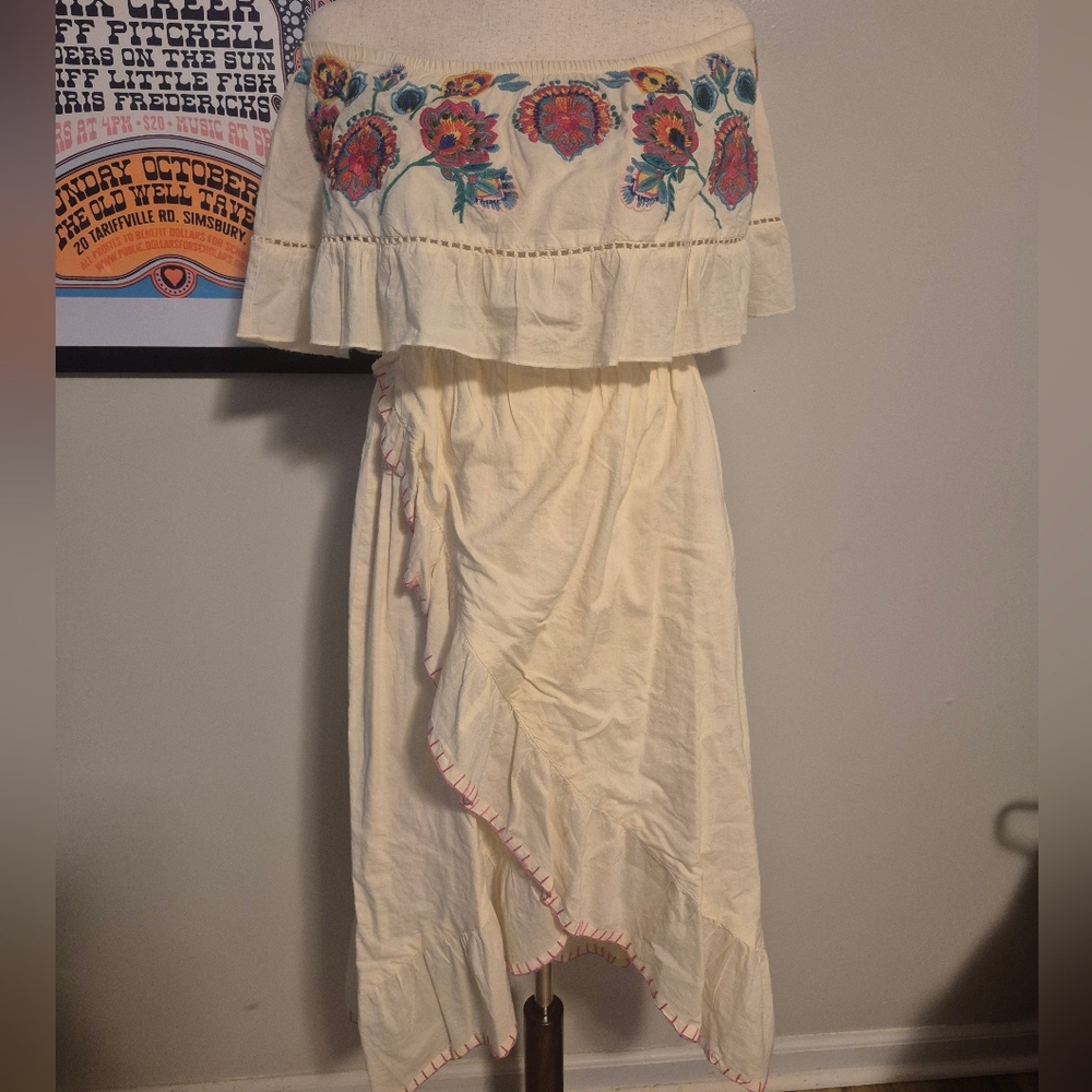 Altar'd State Cream Dress with Vibrant Floral Embroidery Sm Off Shoulder Lined